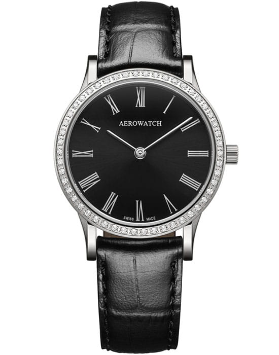 Aerowatch Aerowatch Les Grandes Classiques 47950 AA01 DIA  47950 AA01 DIA кварцевые женские часы черный циферблат, браслет кожаный — вид спереди